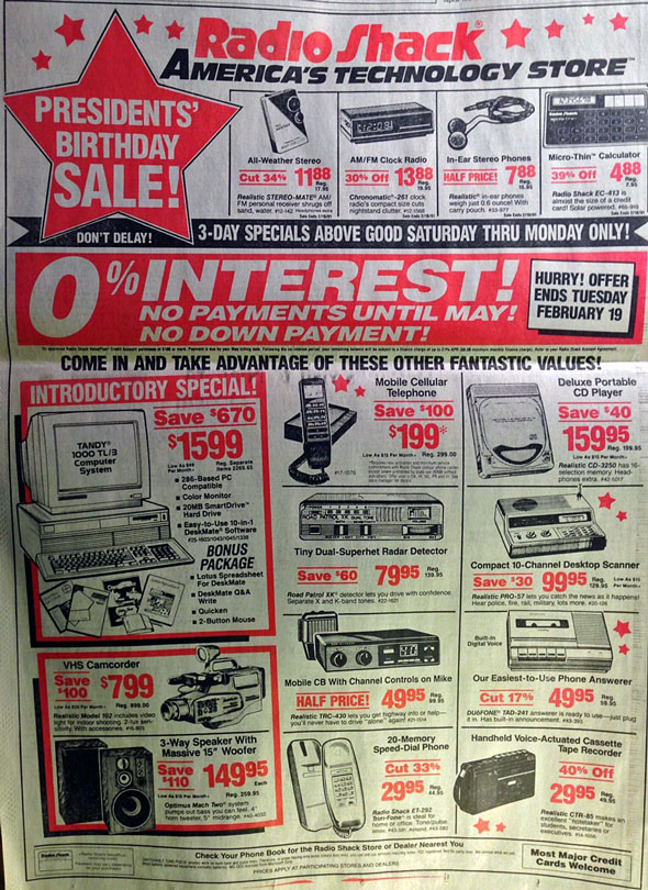 A Radioshack ad showing a President's Day sale with a Tandy computer, mobile cellular phone, Deluxe Portable CD player, and other electronics.