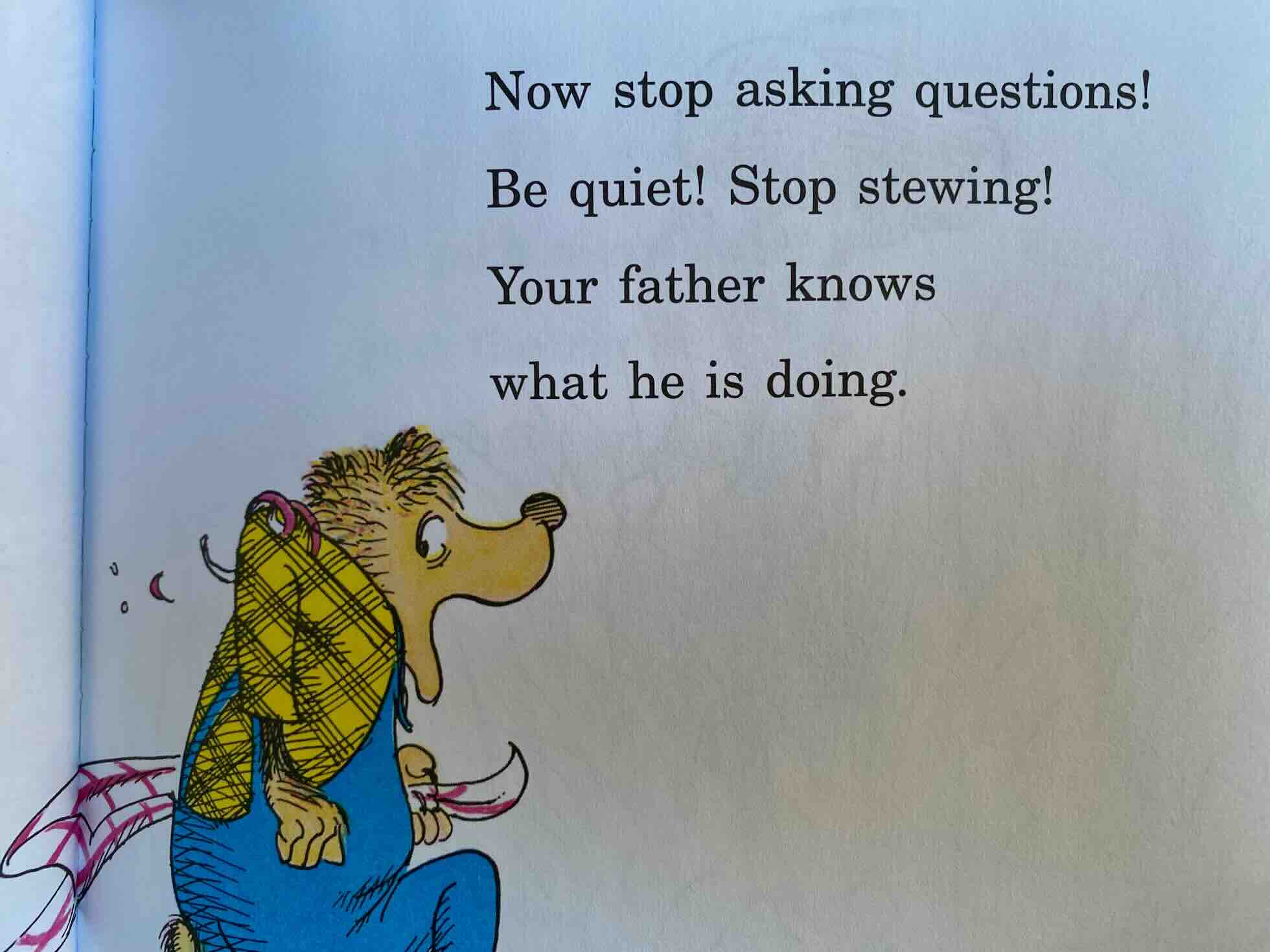 An illustration of Papa Bear from the Berenstain Bears. He looks flustered while on the run. He's looking back to say 