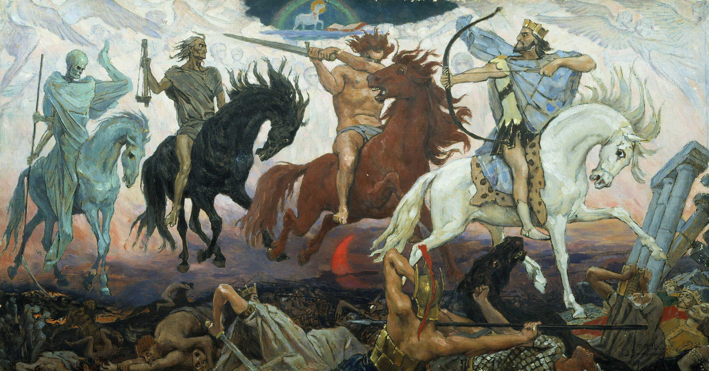 An old oil painting of the four horsemen of the apocalypse. The heads of the horseman are covered up by the YouTube logo, U.S. coins, tampons, and a hammer and sickle symbol.