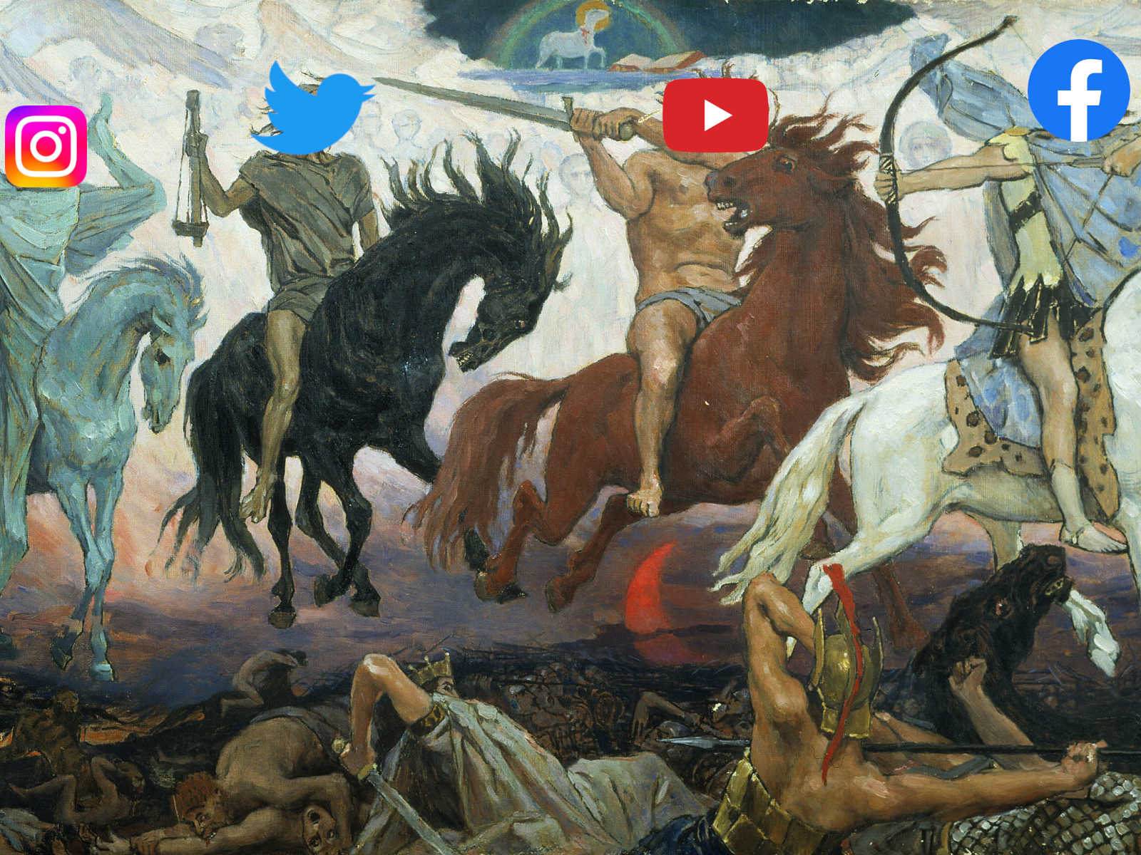 An old oil painting of the four horsemen of the apocalypse. The heads of the horseman are covered up by the YouTube logo, U.S. coins, tampons, and a hammer and sickle symbol.