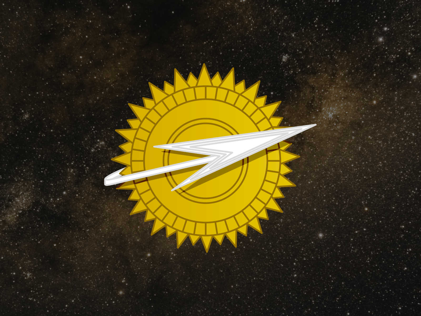 A picture of a sun and an arrow-shaped spaceship that make up the emblem of Isaav Asimov's Galactic Empire from the *Foundation* series with a background of the Milk Way galaxy.